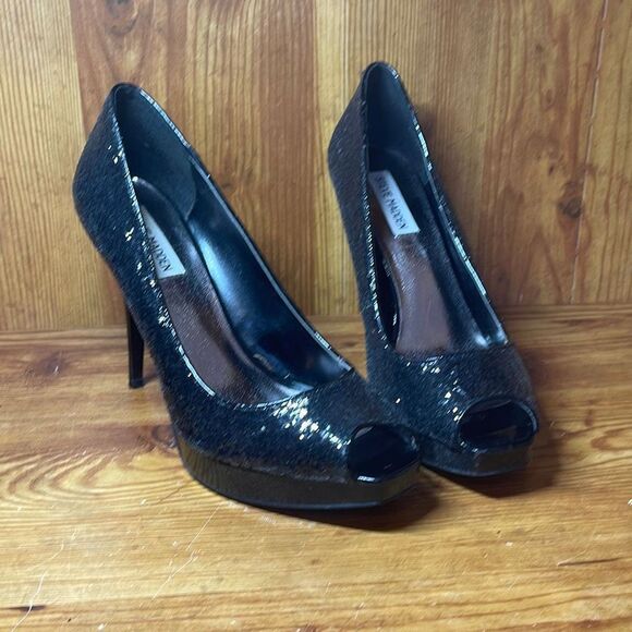 Steve Madden Women’s Black Glitter Open Toe Stiletto Heels P Karro - Picture 1 of 7